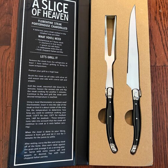 Luxury Carving Set: Porterhouse Steak Knife & Fork | Black Handle Laguiole Style - Picture 3 of 5